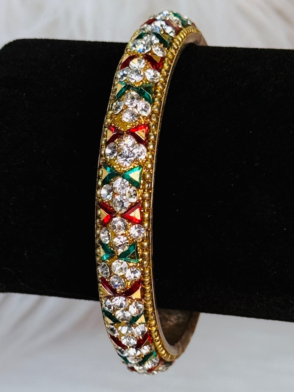 Vintage aged Multicolor goldtone, green, red, festive, ethnic bangle bracelet